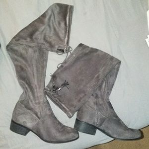 Grey thigh high soft suede boots